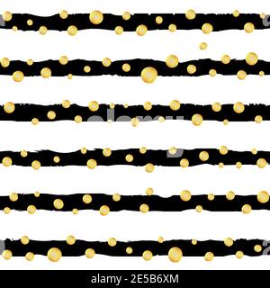 Abstract horizontal monochrome striped grunge pattern Hand drawn black ink stripe background with gold glitter polka dots Stock Photo