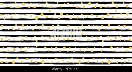 Abstract horizontal monochrome striped grunge pattern Hand drawn black ink stripe background with gold glitter polka dots Stock Photo
