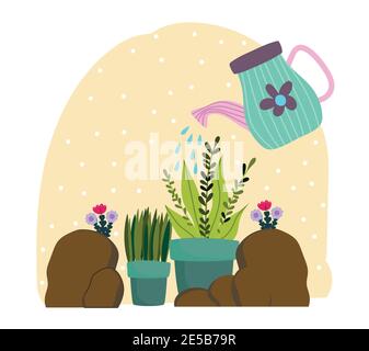 Gardening watering can sprays water to plants in pot stones vector illustration Stock Vector