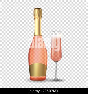 Realistic 3D champagne Rose Pink and Golden Bottle and Glass Icon isolated on transparent background. Vector Illustration Stock Vector