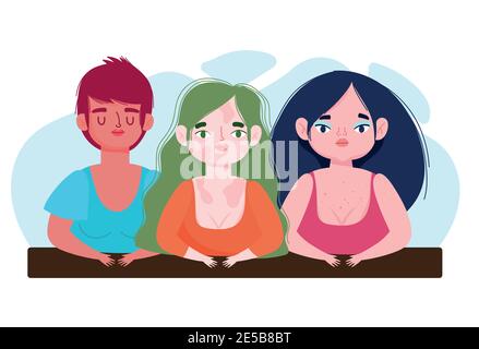 Perfectly imperfect, diverse girls with vitiligo plus size cartoon vector illustration Stock Vector