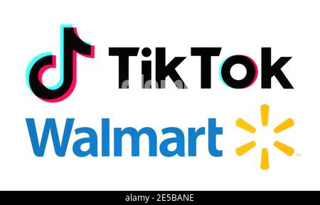 Kiev, Ukraine - September 21, 2020: TikTok and Walmart logos, printed on paper. News about deal for Oracle and Walmart to acquire stakes in the US ope Stock Photo