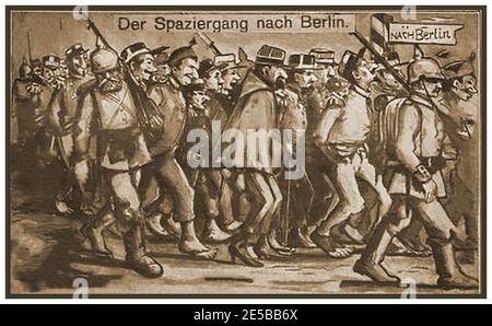 A German postcard entitled 'The Walk After Berlin' showing French POWS being escorted out of the city by German soldiers in WWI Stock Photo