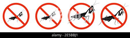 The Mantis with red ban sign. Set of STOP mantis signs. Forbid mantis icon. Vector illustration. Stock Vector