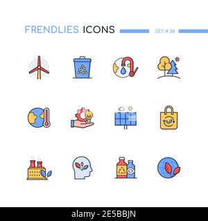 Ecology - modern line design style icons set. Wind turbine, solar panel, forest, planet images. Recycling, global, warming, water conservation, green Stock Vector