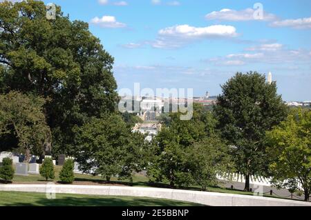 View from the Arlington National Cemetery to the white house and the Washington Monument in Washington DC  USA views graves killed died buried graves Stock Photo