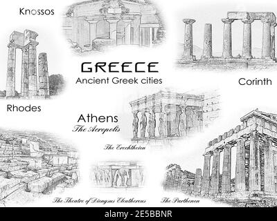 Ancient sights of Greek cities Athens, Corinth, Knossos, Rhodes. Touristic antique landmarks: the Athenian Acropolis, the Parthenon, the Erechtheion Stock Photo