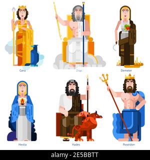 Color olympic gods icons set in cartoon style on white background with gera zeus demeter hestia hades poseidon persons flat isolated vector illustrati Stock Vector
