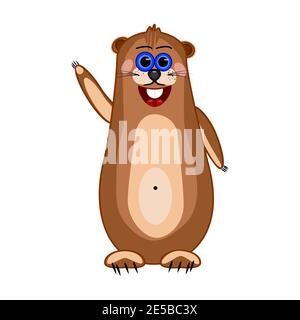 Groundhog isolated on white background. Cartoon marmot. Groundhog Day. Funny gopher waving hand. Prairie dog. Hamster with smile. Vector illustration Stock Vector