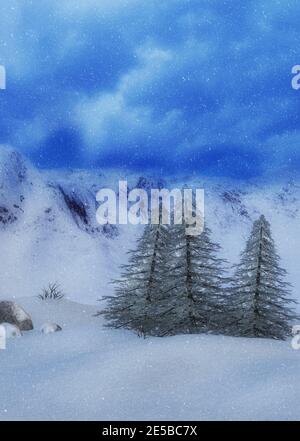 Night winter mountains and evergreen trees landscape during snowfall, 3d illustration. Stock Photo