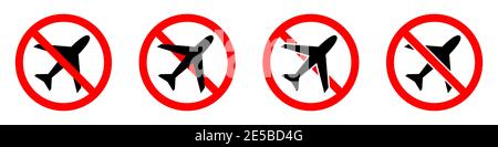 Stop or ban red round sign with airplane icon. Vector illustration. Forbidden signs set. No flights. Flights banned Stock Vector