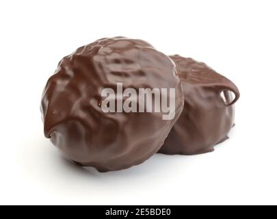 Two marshmallows in chocolate isolated on white. Stock Photo