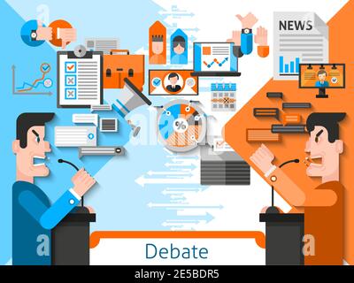 Elections and voting flat color composition with public debates of candidates in foreground and media icons in background vector illustration Stock Vector