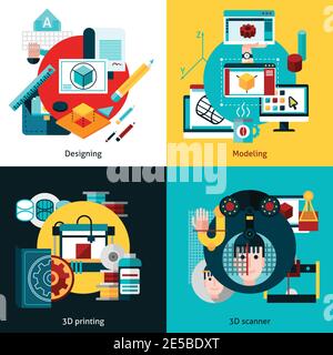 3d technology 2x2 flat concept set of designing modeling 3d printing and 3d scanning vector illustration Stock Vector