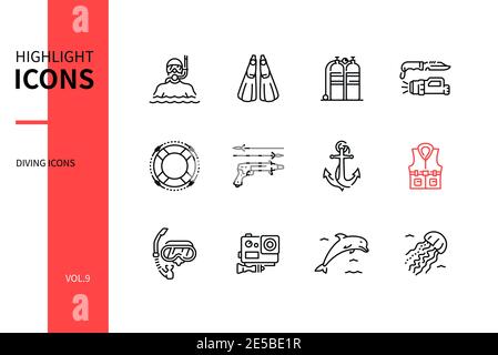 Diving - modern line design style icons set. Summer leisure activity, hobby. Diver and sportive equipment, fins, air tanks, underwater weapon, anchor, Stock Vector