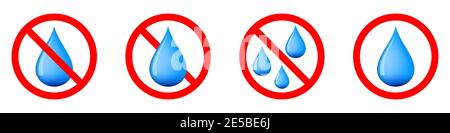 Water is prohibited. No water drop icon. Stop or ban red round sign with water drop icon. Vector illustration. Forbidden signs set. Stock Vector