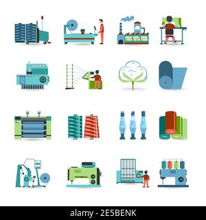 Textile manufacturing process flat icons collection with weaving yarn  machinery equipment and clothes fabrication abstract isolated vector illustrati Stock Vector