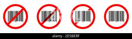 Barcode ban icon. Barcode is prohibited. Stop or ban red round sign with barcode icon. Vector illustration. Forbidden signs set. Stock Vector