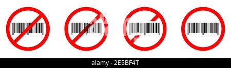 Barcode ban icon. Barcode is prohibited. Stop or ban red round sign with barcode icon. Vector illustration. Forbidden signs set. Stock Vector