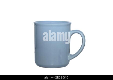 Blue ceramic mug isolated on white background. Copy space for your design Stock Photo