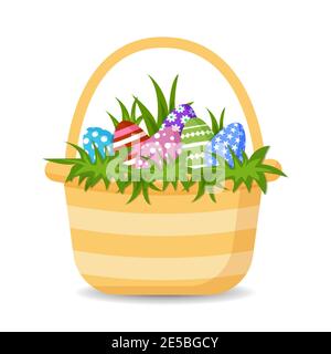 Basket with colorful happy Easter eggs and grass. Vector illustration isolated on white background Stock Vector