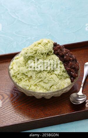 taiwanese snow shaved ice dessert: matcha green tea with adzuki beans Stock Photo