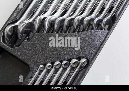 Set of Wrenches inside Toolbox, Keys and Spanners, A set of metric spanners or wrenches, open at one end, box or ring at the other. Close up macro. Stock Photo