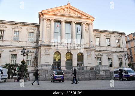 Verdict of the trial of the double kidnapping of Jacqueline Veyrac at the Palais de Justice in Nice, France, on January 27, 2021. Fourteen people are judged for the sequestration, in 2016, of millionaire Jacqueline Veyrac, already kidnapped in 2013. On October 24, 2016, Jacqueline Veyrac, wealthy owner of the five-star palace Grand Hotel in Cannes, then 76 years old, was kidnapped, in the middle of the street, by individuals near her home. The septuagenarian will be found two days later. In 2013, this figure from the Cote d Azur had already been the victim of an attempted kidnapping in the sam Stock Photo