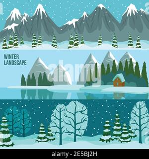 Three horizontal flat banners set of winter landscape with panoramas of mountains lake and forest vector illustration Stock Vector