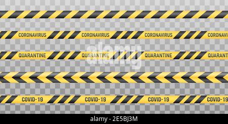 Warning black and yellow warning tapes. Stop coronavirus, covid-19, border closed, do not cross. Isolated on transparent background.Vector illustratio Stock Vector