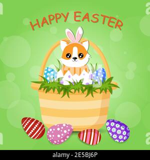 Cute corgi dog with bunny ears is sitting in the Easter basket, full of colorful egg. Vector cartoon illustration with text Happy Easter Stock Vector