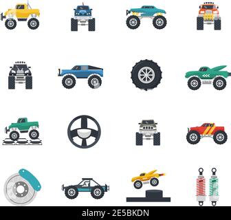Monster truck and heavy vehicles flat icons set isolated vector illustration Stock Vector