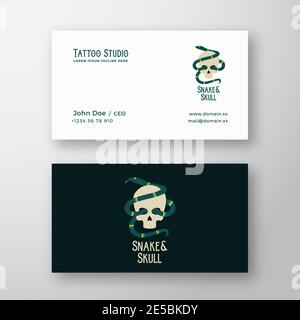 Snake and Skull Abstract Modern Vector Logo and Business Card Template. Tattoo Studio Flat Style Illustration Emblem. Shabby Textures. Premium Stock Vector