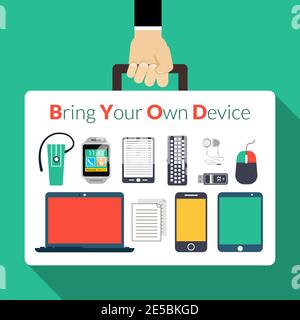 Byod concept with human hand holding briefcase with electronic gadgets vector illustration Stock Vector