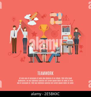 Successful business teamwork management concept crucial aspects of achieving success  flat icons composition poster abstract vector illustration Stock Vector