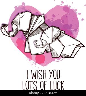 Origami elephants cordial good luck wish on special day card with heart symbol doodle abstract vector illustration Stock Vector