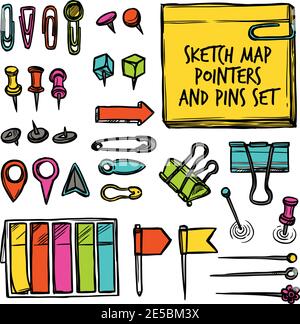 Colorful set drawn in sketch style of stationery map pointers and pins isolated vector illustration Stock Vector