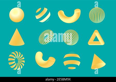Yelow geometry 3D shapes set. Vector design elements for social media and visual content, web and UI design, posters and art collage, branding. Stock Vector