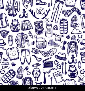 Hipster lifestyle distinctive fashion clothing and accessories decorative seamless tileable pattern dark marine doodle abstract vector illustration Stock Vector