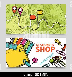 Online stationary shop for office supplies 2 flat horizontal banners with paper clips abstract isolated vector illustration Stock Vector
