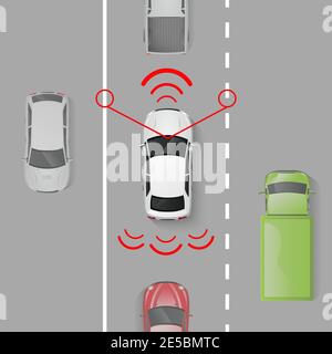 Car safety system with top view auto in motion on the road vector illustration Stock Vector