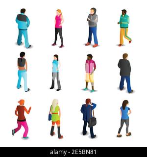 Busy and free men and women talking and running isometric icons set isolated vector illustration Stock Vector