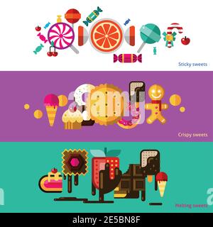 Sweets horizontal banners set with sticky crispy and melting sweets flat isolated vector illustration Stock Vector