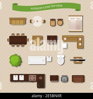 Interior icons top view with sofa armchair couch isolated vector illustration Stock Vector