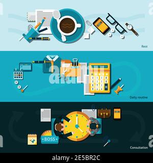 Office horizontal banner set with flat daily routine business elements isolated vector illustration Stock Vector