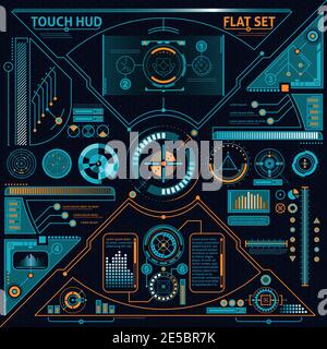 Touch HUD flat set with diagrams and charts on black background isolated vector illustration Stock Vector