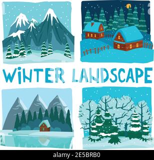 Winter landscape in digital graphic or video game style flat color concept isolated vector illustration Stock Vector