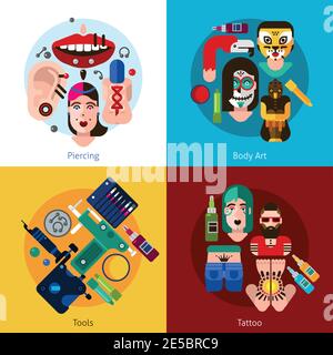 Set of 2x2 images with piercing body art tools and tattoo elements flat vector illustration Stock Vector