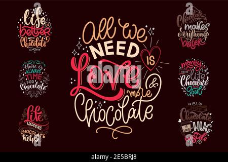 Chocolate hand lettering quotes set. Warm Christmas winter word composition. Vector design elements for t-shirts, posters, cards, stickers and menu Stock Vector