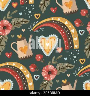 Ornate cute watering can floral seamless pattern with hearts. Cute kid illustrations. Nursery baby abstract art with childish elements. Stock Vector
